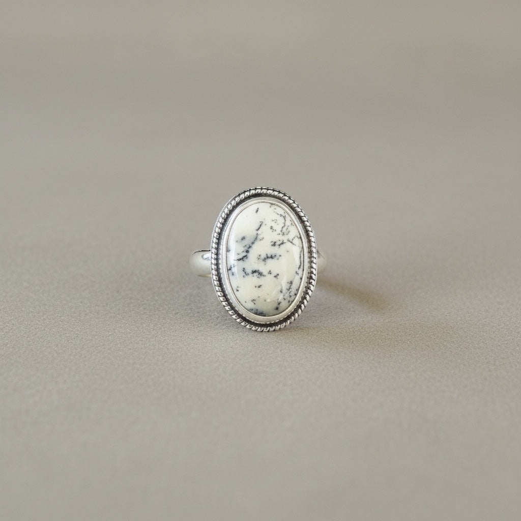 Bedrock Rose white dendritic opal statement ring with black inclusions in sterling silver, size 6.