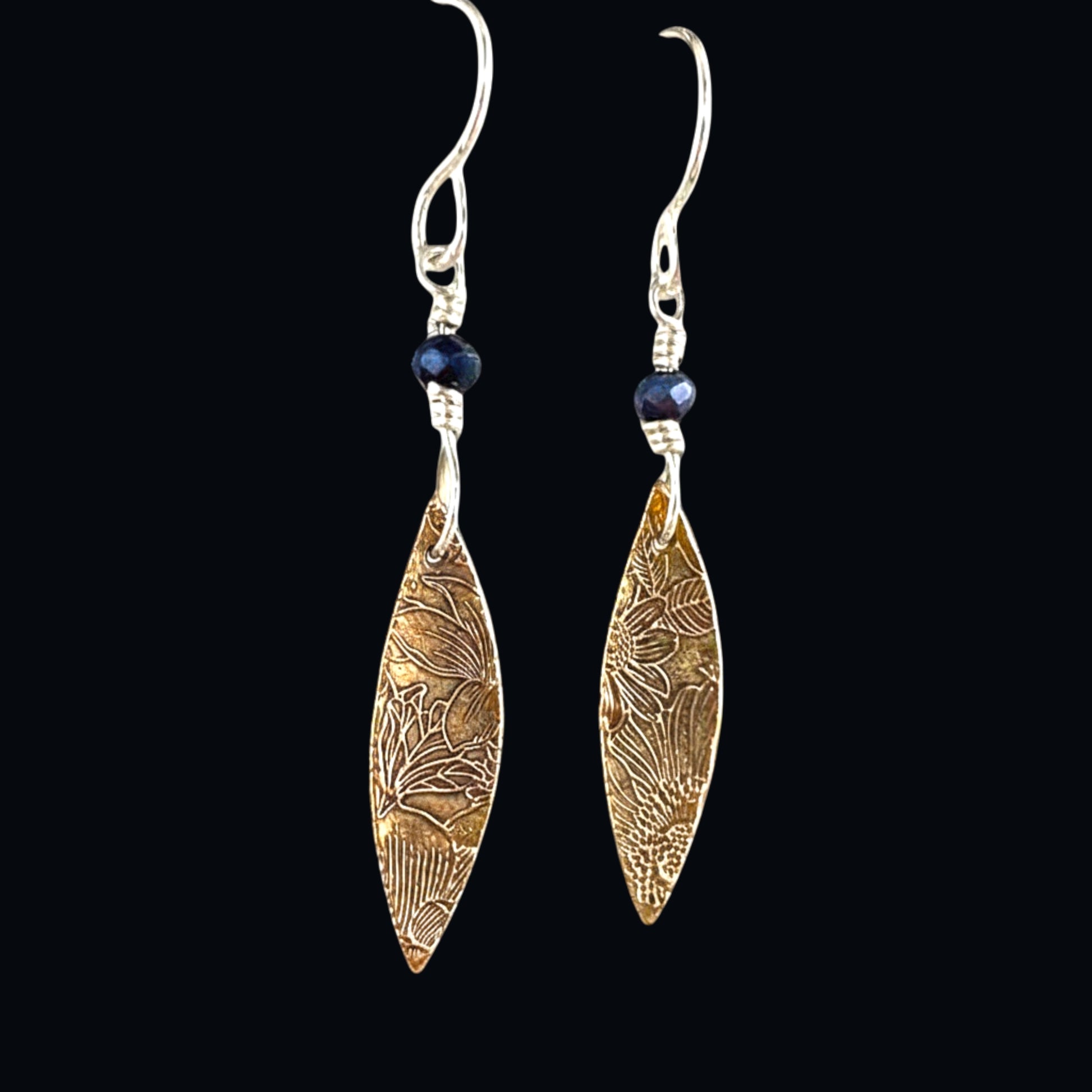 Warm Rose Bronze Floral Pointy Oval Dangling Earrings, Engraved Jewelry, Elegant Danglers