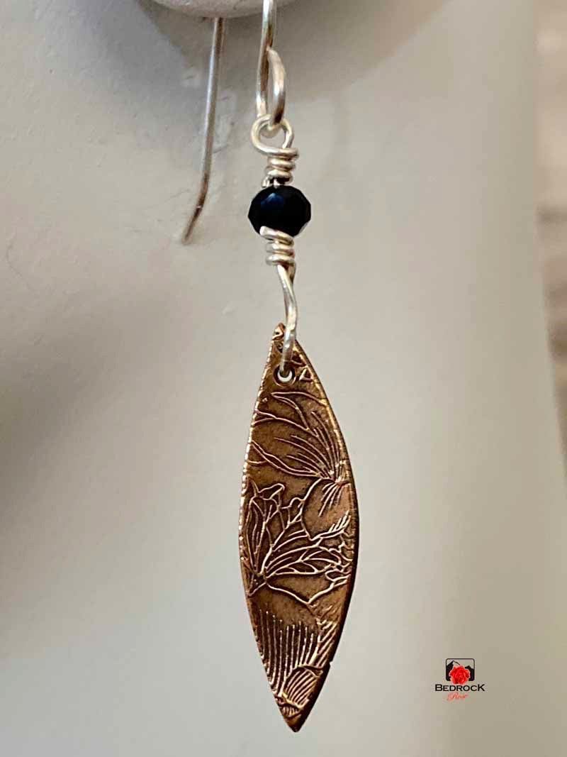 Warm Rose Bronze Floral Pointy Oval Dangling Earrings, Engraved Jewelry, Elegant Danglers