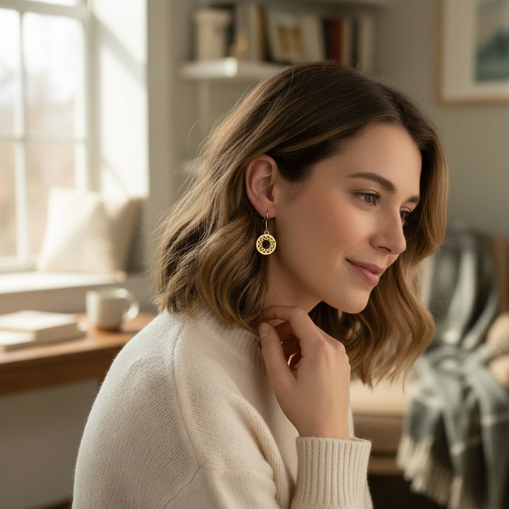Bedrock Rose gold-plated brass open mandala disc earrings with geometric sunburst pattern, worn by a woman.