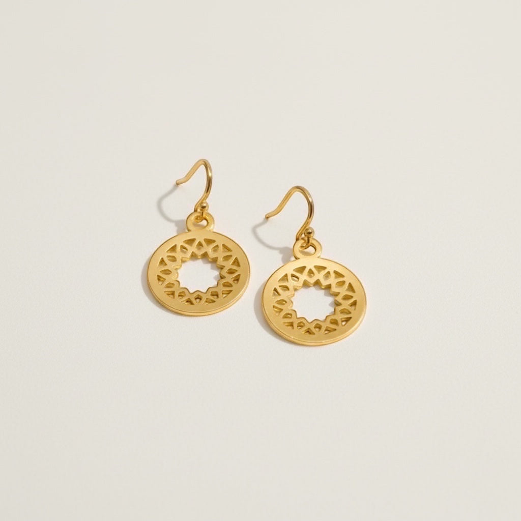 Bedrock Rose gold-plated brass open mandala disc earrings with geometric sunburst pattern, 18 mm.