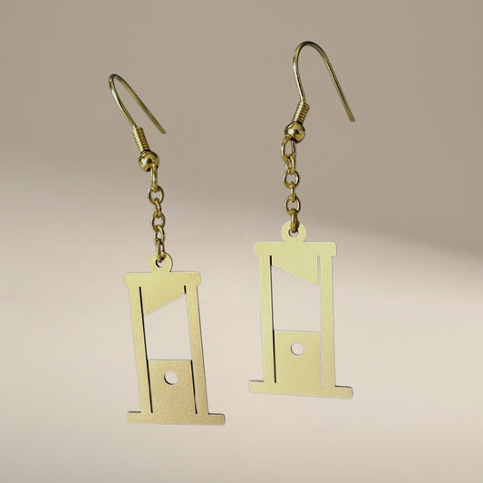 Bedrock Rose gold guillotine dangling earrings, 24k gold-plated brass with surgical steel ear wires, 20x10 mm.