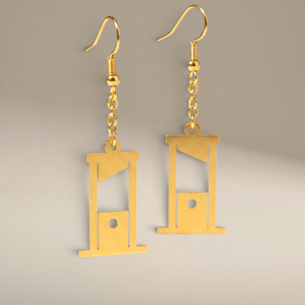 Bedrock Rose gold guillotine dangling earrings made from 24k gold-plated brass with surgical steel ear wires.