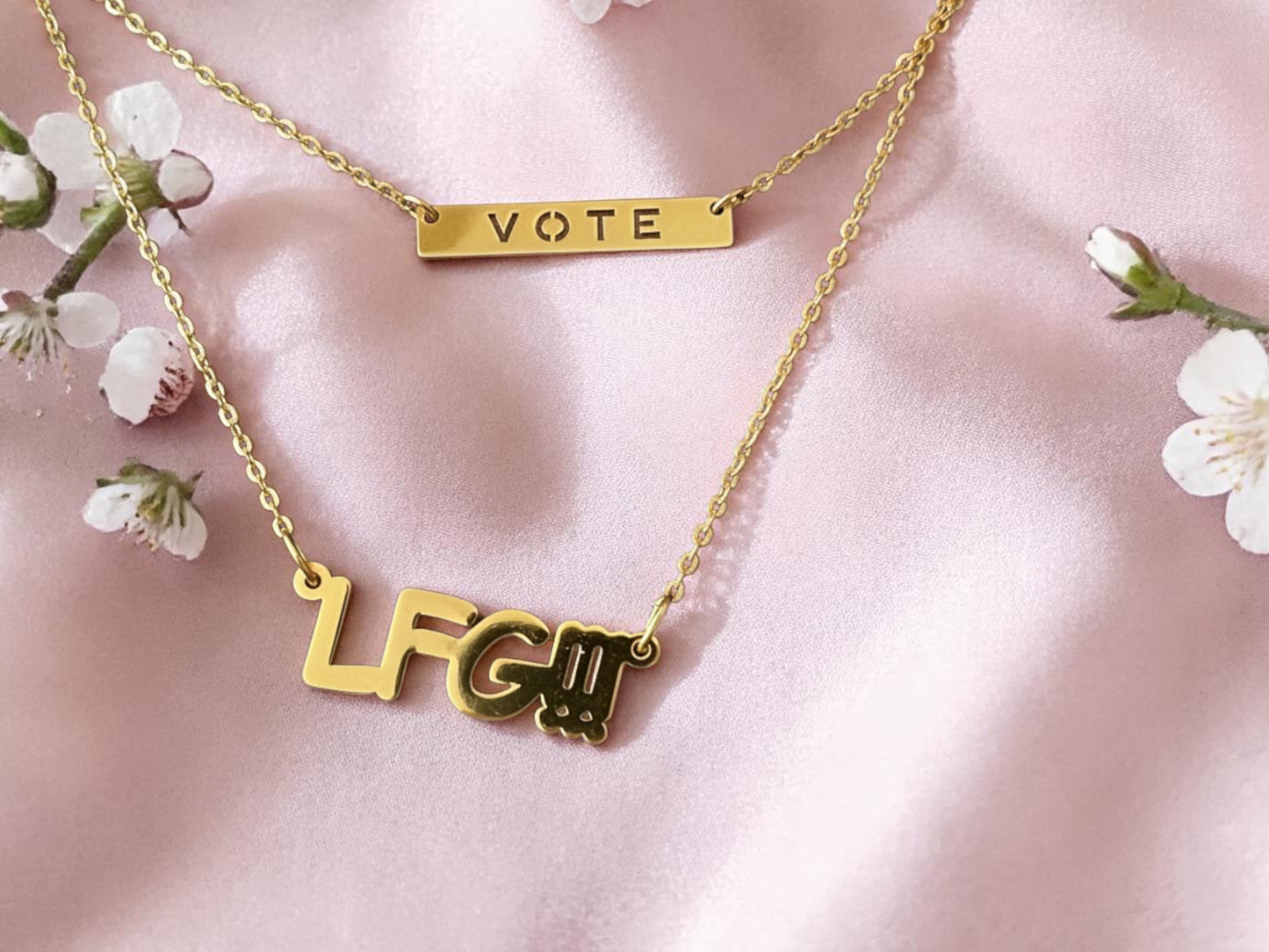 Gold Necklace  LFG engraved, Let's Freaking Go, Megan Rapinoe, Kamala Harris for President, Answer the Call, Democracy jewelry, coconut tree story, Gift for Patriotic women, Vote