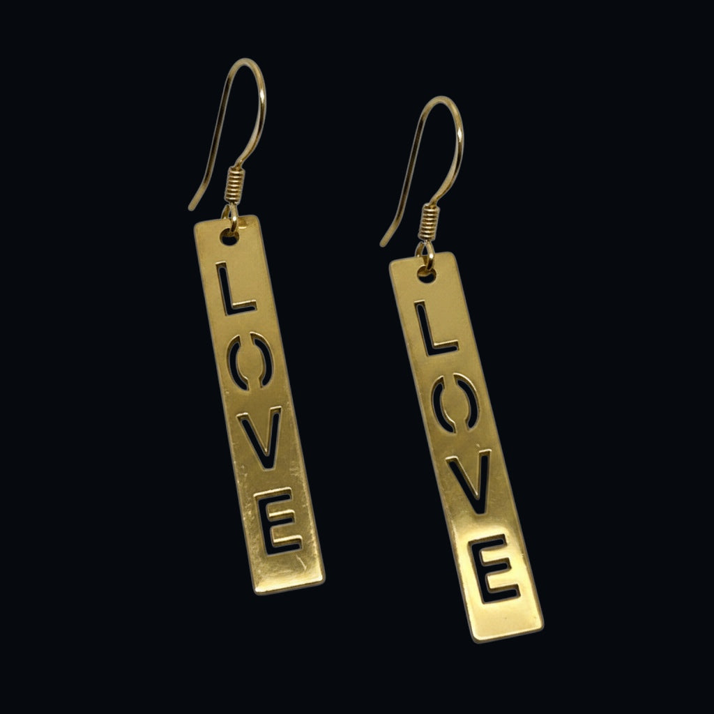Bedrock Rose gold-plated dangling earrings with laser-cut 'LOVE' text. Surgical steel earwires.