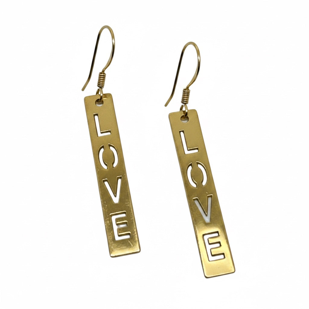 Bedrock Rose gold-plated dangling earrings with laser-cut 'LOVE' text. Surgical steel earwires.