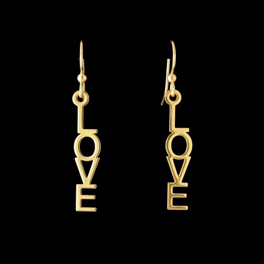 Bedrock Rose gold-plated dangling earrings with laser-cut out word "Love" in block letters. Surgical steel earwires.