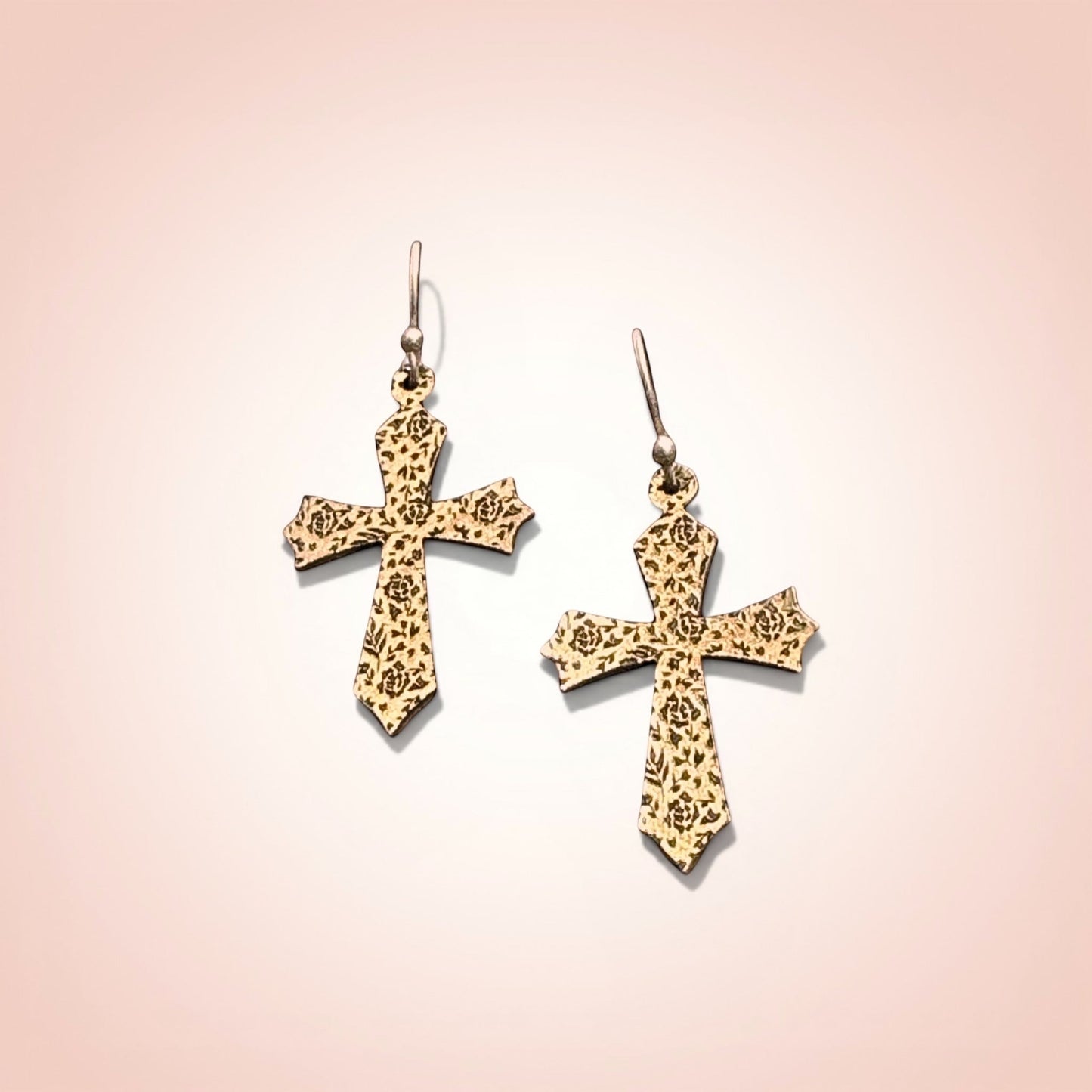 Bedrock Rose gold-tone cross earrings with intricate rose etching. Dangle style, perfect for everyday or special occasions.