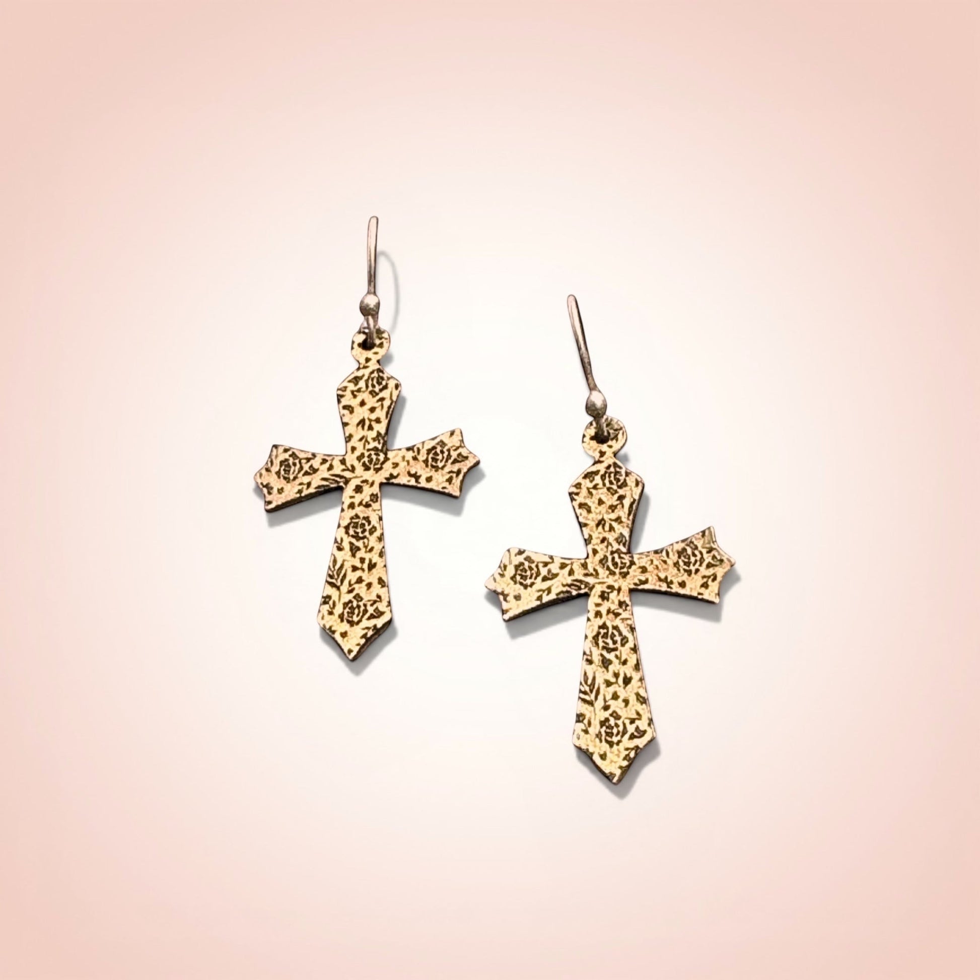Bedrock Rose gold-tone cross earrings with intricate rose etching. Dangle style, perfect for everyday or special occasions.
