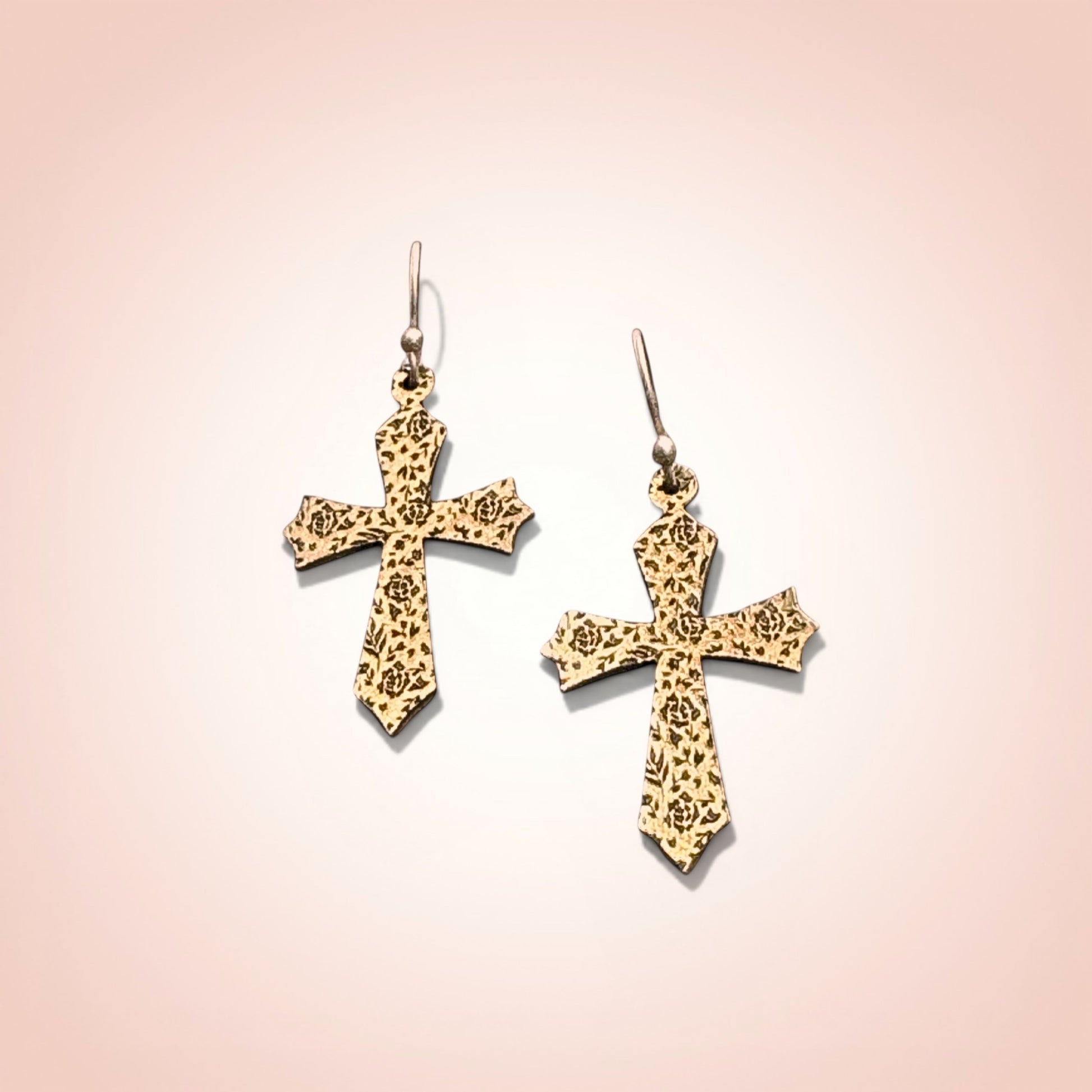 Bedrock Rose gold-tone cross earrings with intricate rose etching. Dangle style, perfect for everyday or special occasions.