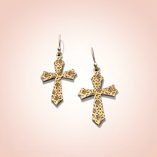 Bedrock Rose gold-tone cross earrings with intricate rose etching. Dangle style, perfect for everyday or special occasions.