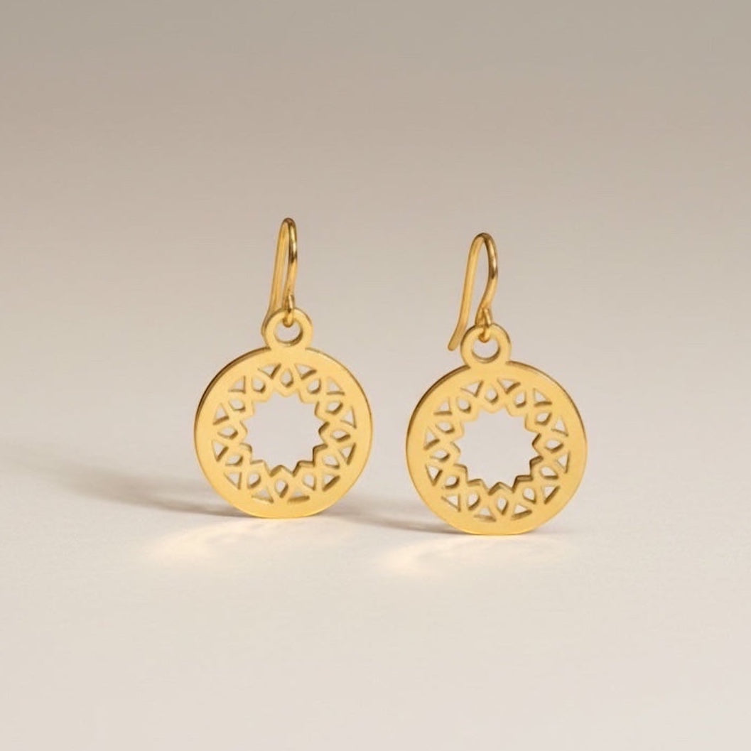 Bedrock Rose gold-plated brass open mandala disc earrings with geometric sunburst halo pattern.