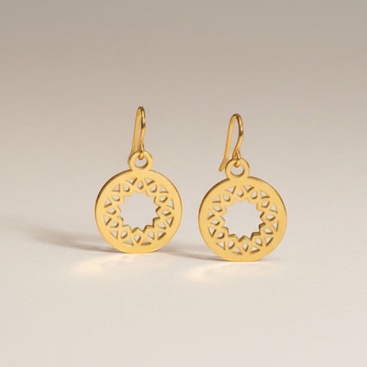 Bedrock Rose gold-plated brass open mandala disc earrings with geometric sunburst halo pattern.