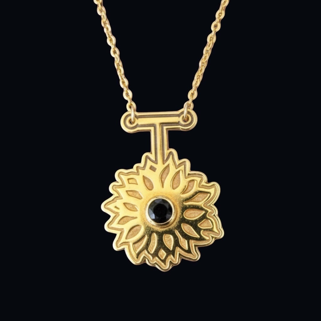 Bedrock Rose gold sunflower necklace with black obsidian pendant and gold chain.