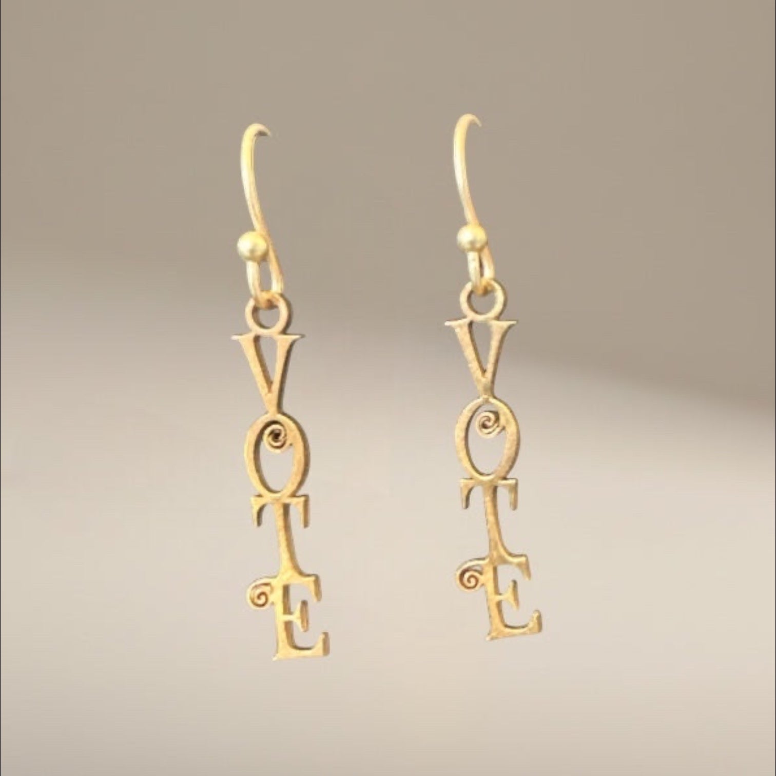 Gold Vote Dangling Earrings Laser Cut, Democracy Earrings, Scroll Font, Election Earrings