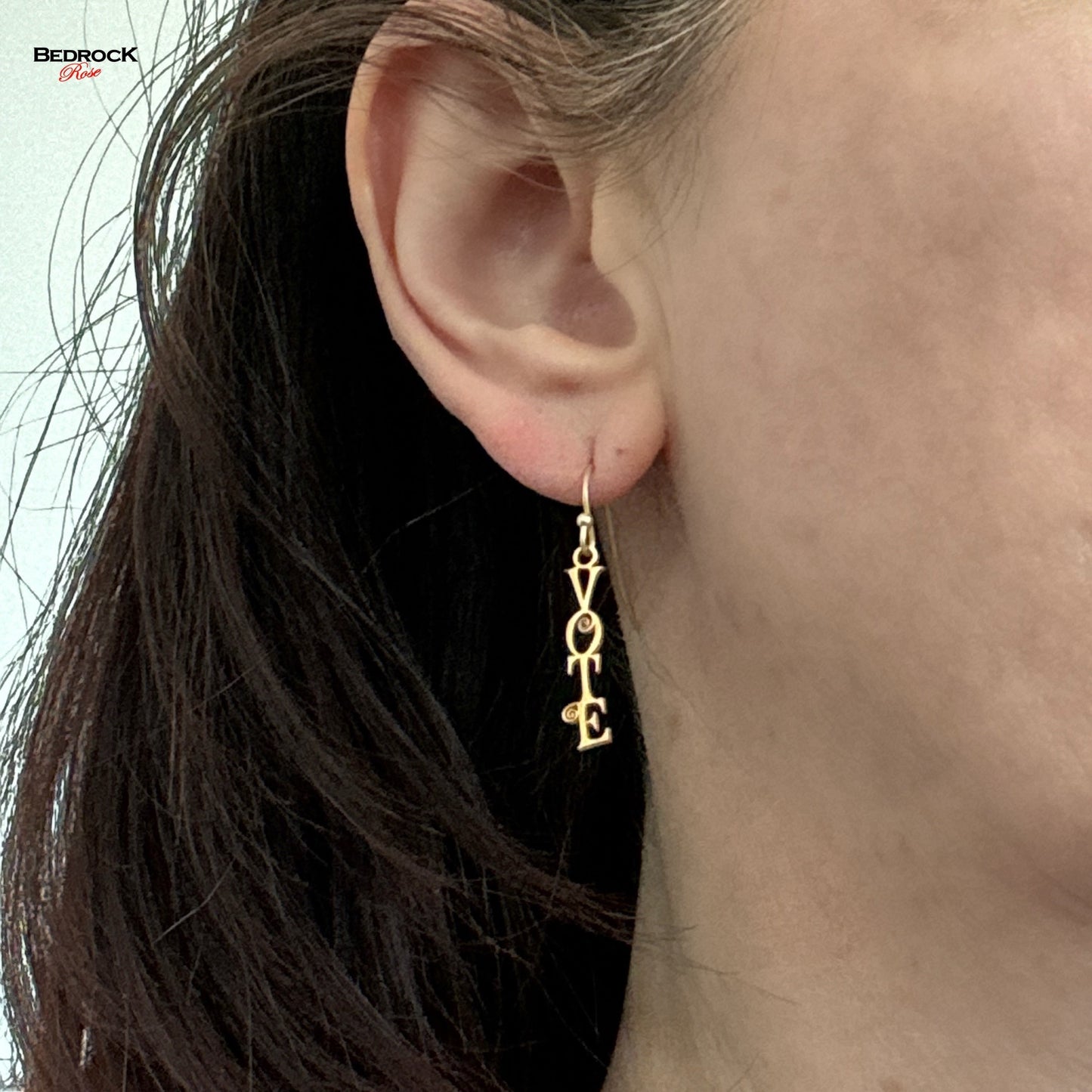 Gold Vote Dangling Earrings Laser Cut, Democracy Earrings, Scroll Font, Election Earrings