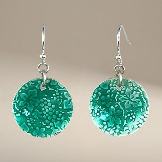 Bedrock Rose green grape leaf oval earrings with silver hooks. Lightweight and charming.