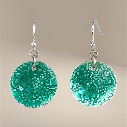 Bedrock Rose green grape leaf oval earrings with silver hooks. Lightweight and charming.