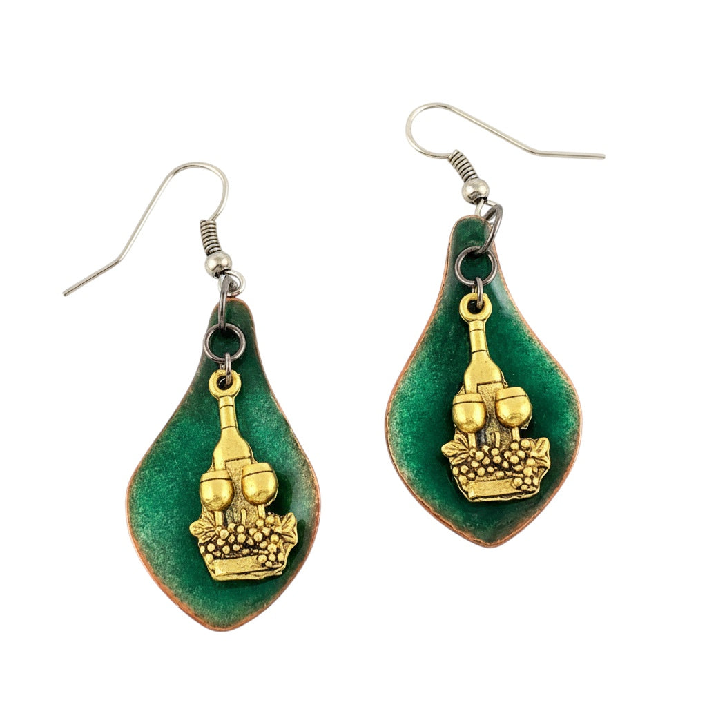 Bedrock Rose green enameled teardrop earrings with brass wine bottle, glasses, and grape charm.