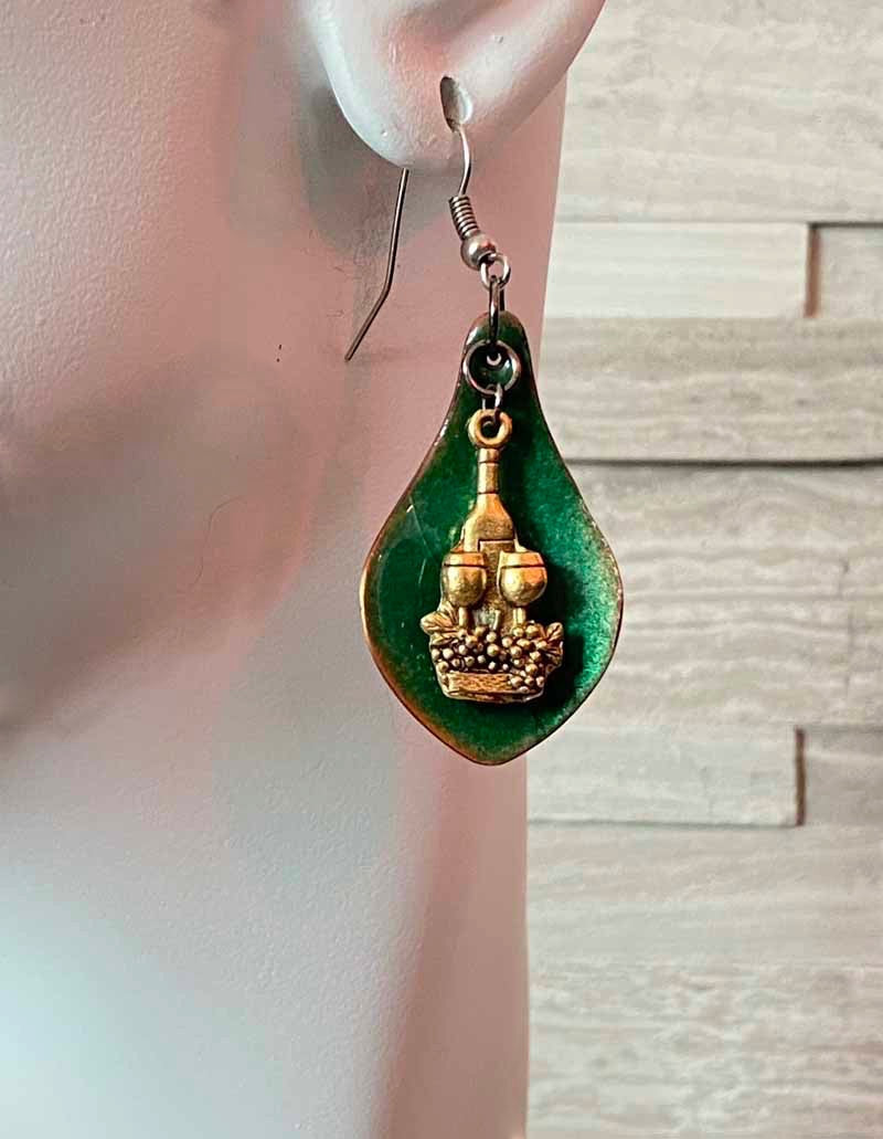 Charming Green Enameled Wine Earrings Bedrock Rose, Handmade Jewelry