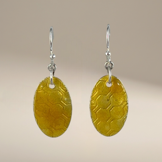 Bedrock Rose light amber oval dangling earrings with honeycomb pattern. Lightweight and stylish.