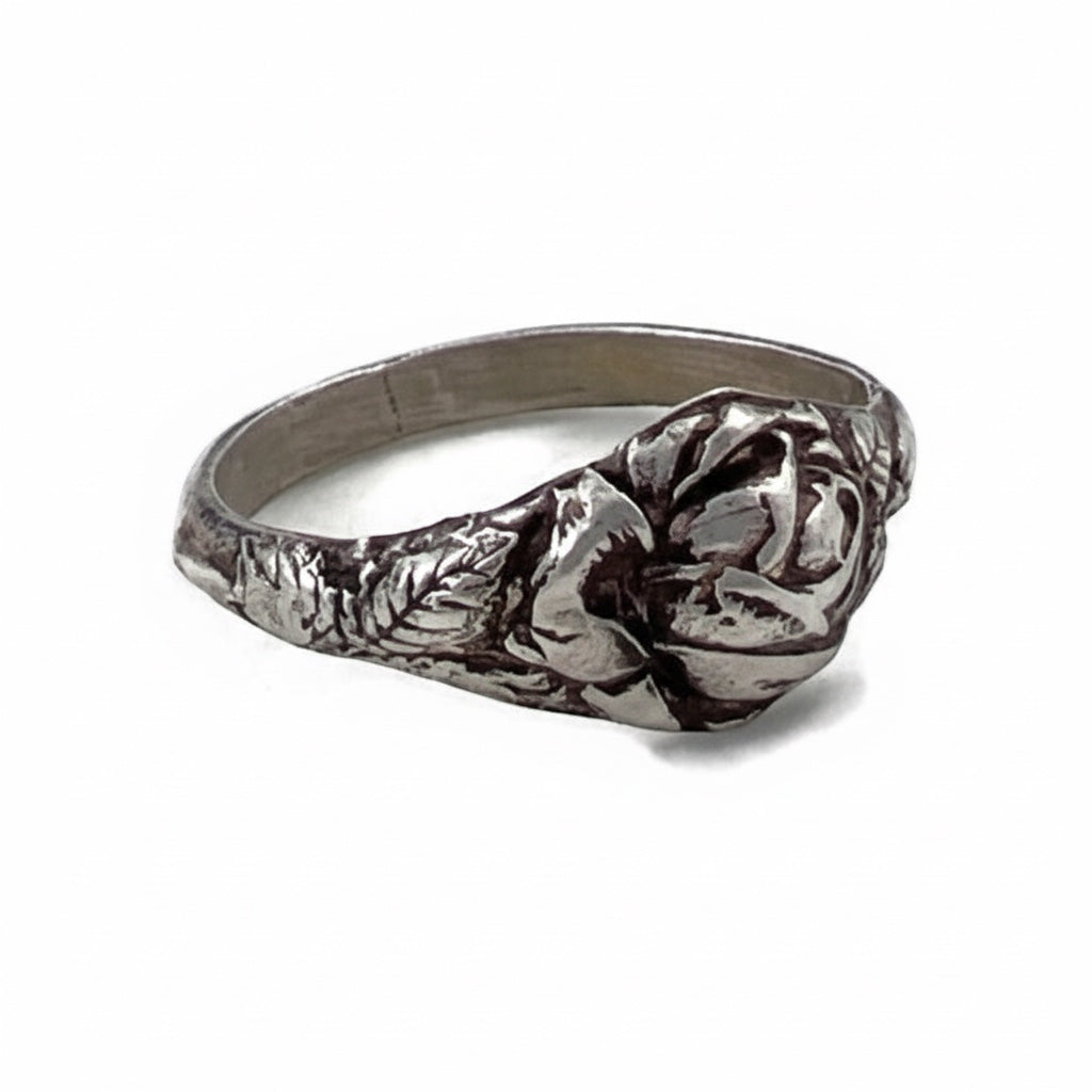 Bedrock Rose sterling silver ring with a detailed rose design and leaf accents. Size 9.
