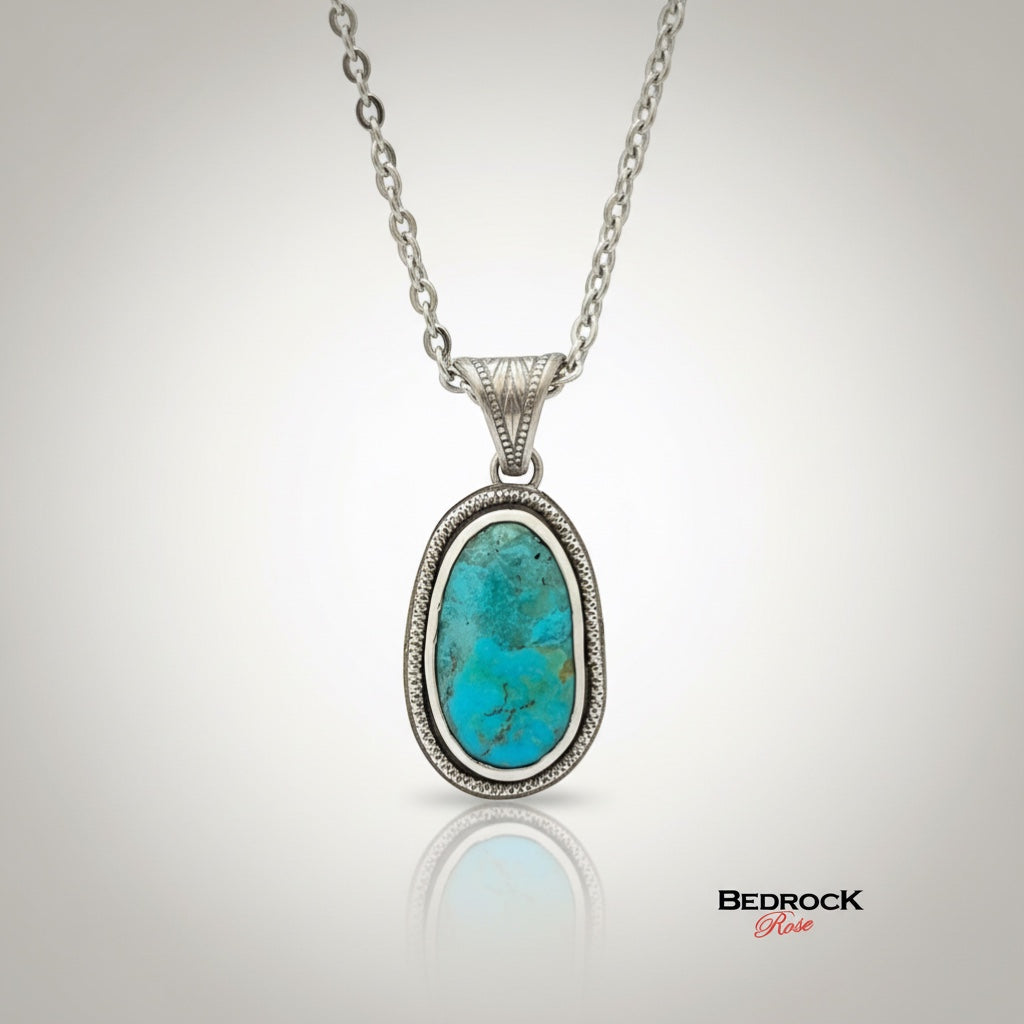 Bedrock Rose sterling silver pendant with oval Kingman Turquoise and 18" cable chain.