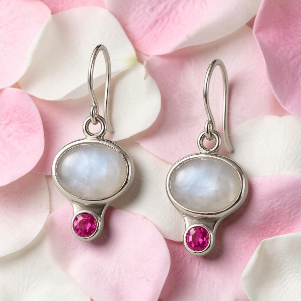 Bedrock Rose sterling silver dangling earrings with oval iridescent moonstone and round pink gemstone.