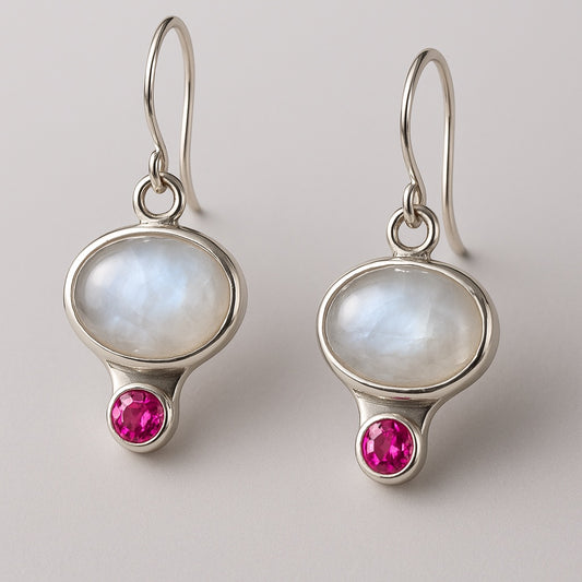 Bedrock Rose iridescent moonstone and ruby sterling silver dangling earrings, ~1.5" drop.