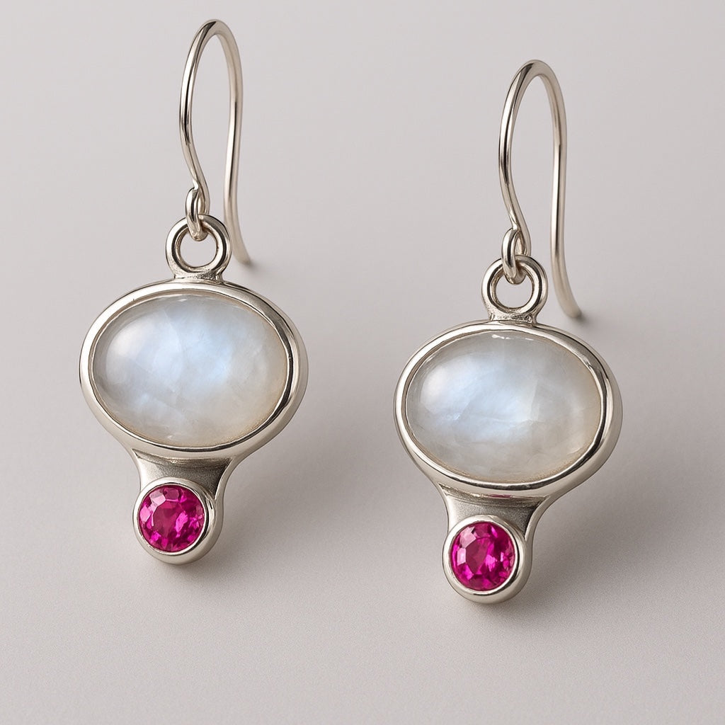 Bedrock Rose iridescent moonstone and ruby sterling silver dangling earrings, ~1.5" drop.