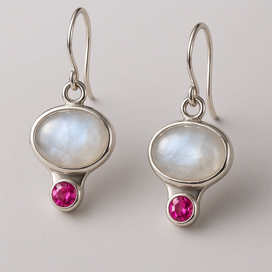 Bedrock Rose iridescent moonstone and ruby sterling silver dangling earrings, ~1.5" drop.