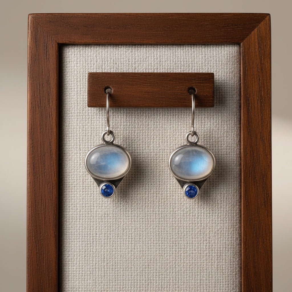 Bedrock Rose antiqued silver-tone dangling earrings with oval moonstone and blue sapphire accents.