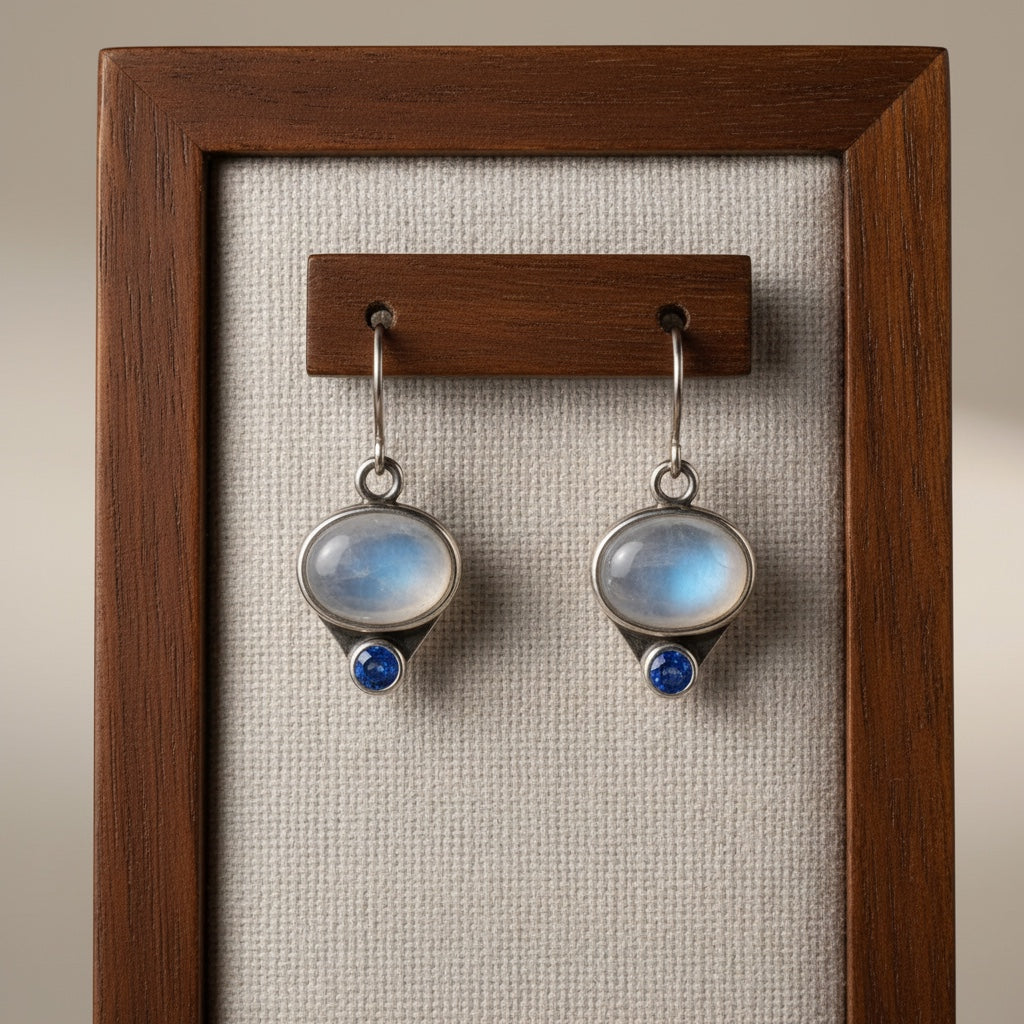 Bedrock Rose antiqued silver-tone dangling earrings with oval moonstone and blue sapphire accents.