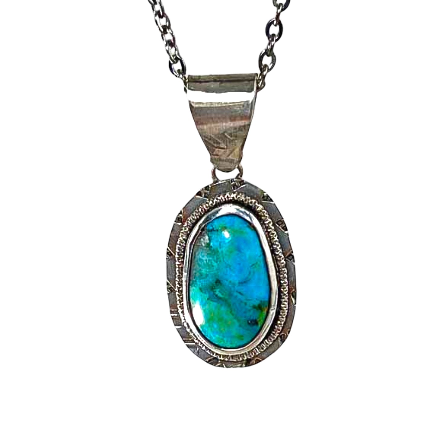 Bedrock Rose oval Kingman Turquoise pendant in sterling silver with intricate detailing and a stainless steel chain.