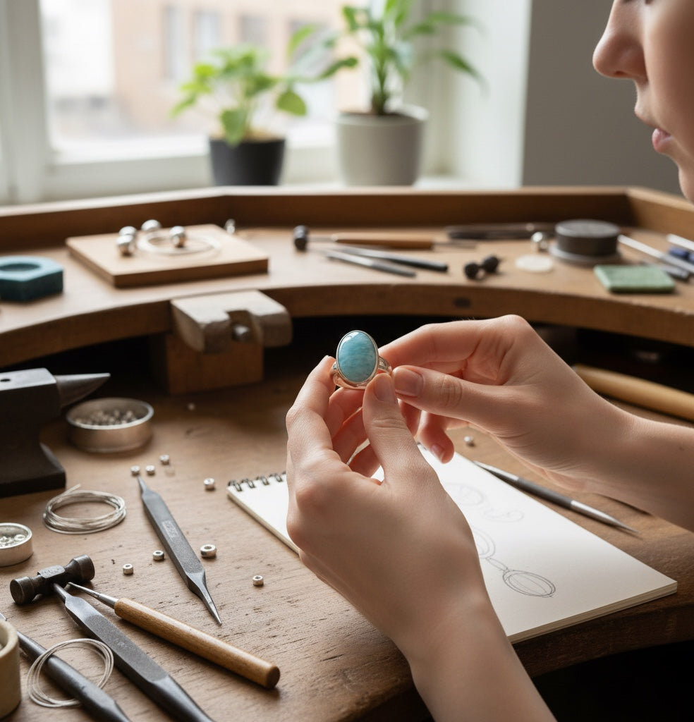 Bedrock Rose oval larimar ring with a sterling silver band and a pale blue, marbled stone.