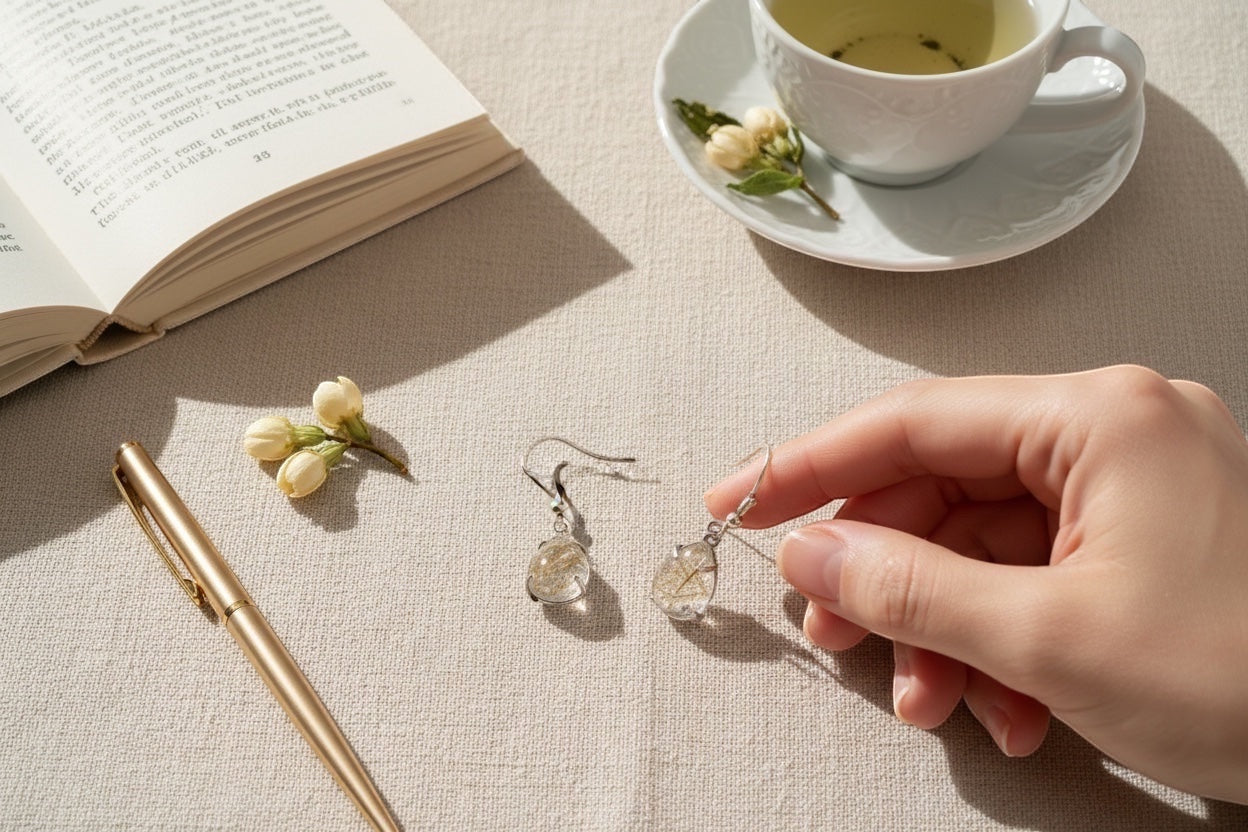 Bedrock Rose prong set pear rutilated quartz drop earrings with silver hooks. Clear quartz showcases golden needle-like inclusions.