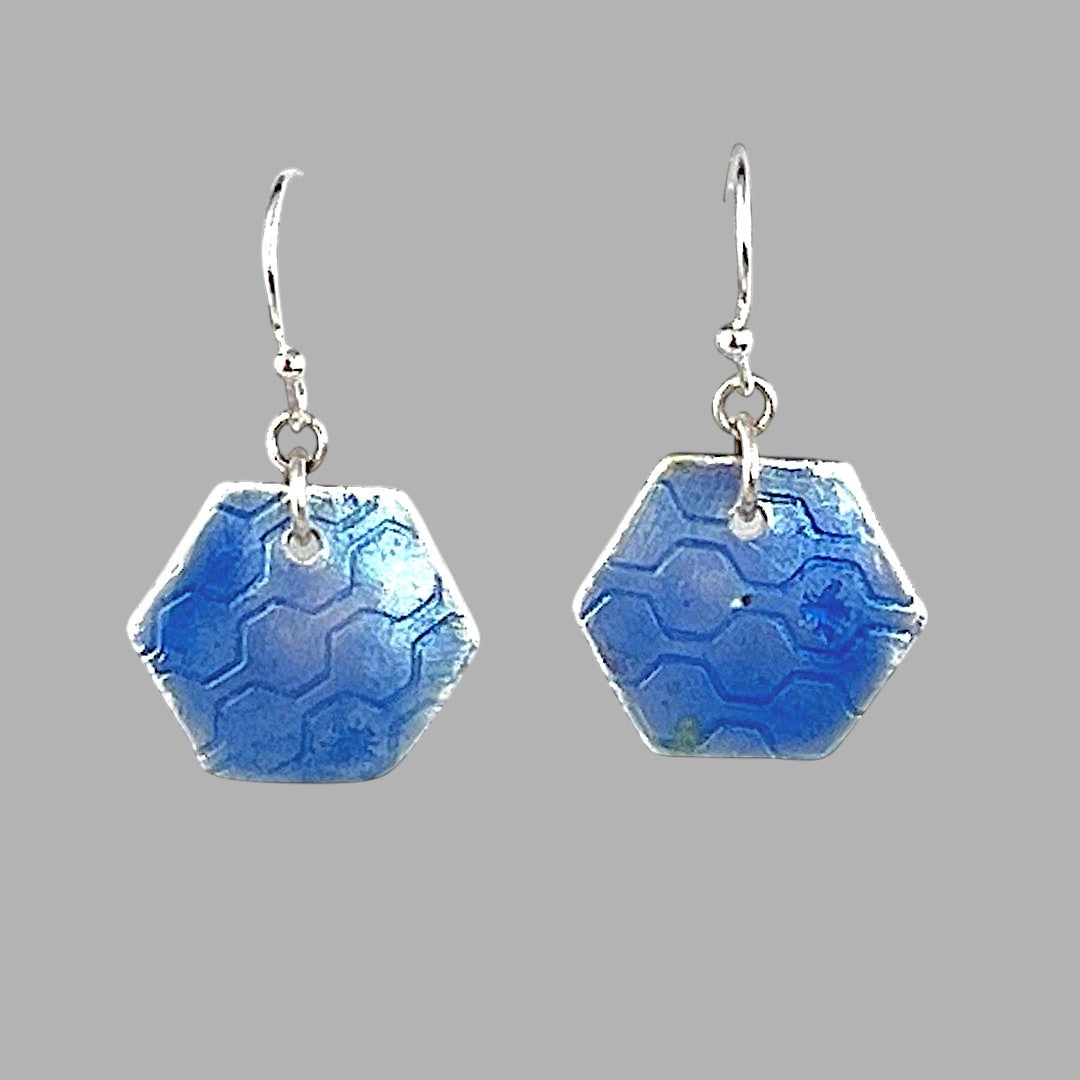 Bedrock Rose periwinkle blue hexagon earrings with honeycomb pattern, dangling silver hooks.