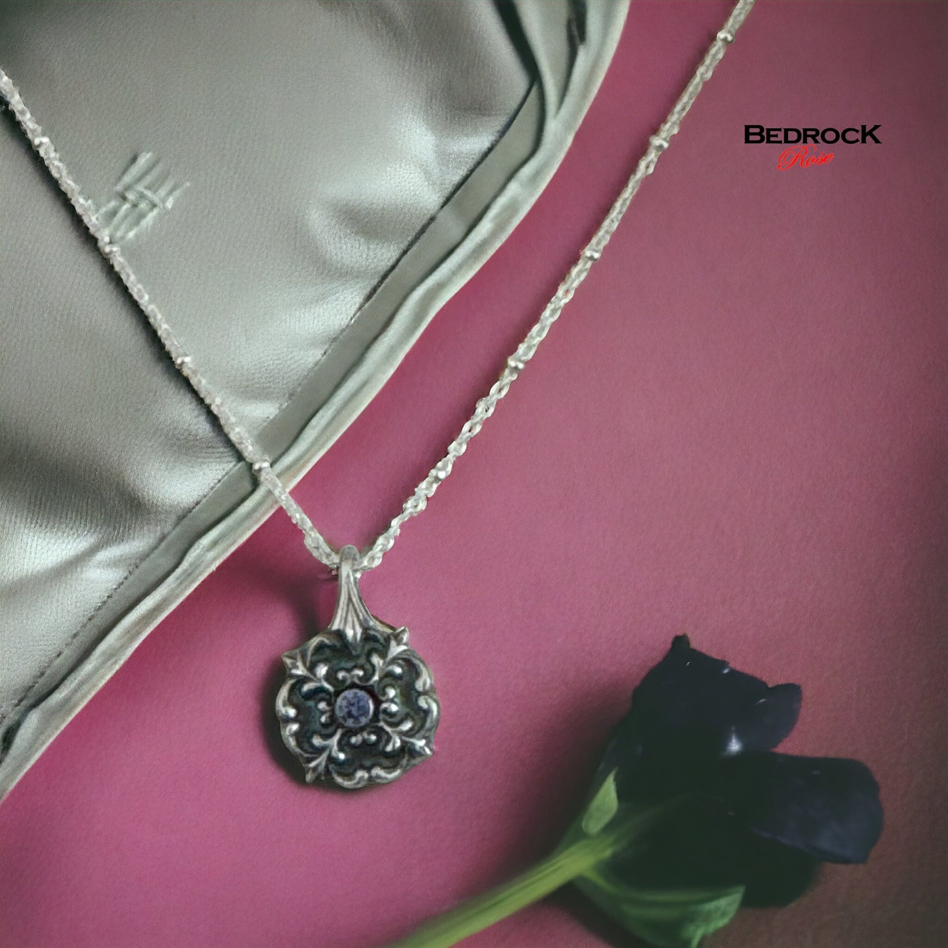 Petite elegant silver flourish pendant with tanzanite gemstone, sterling satellite chain, art nouveau jewelry, gift for her, romantic style necklace
