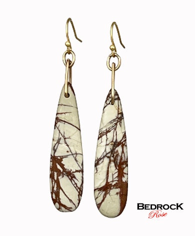 Bedrock Rose Picasso Jasper stone dangling earrings with gold-tone hooks and unique brown veining.