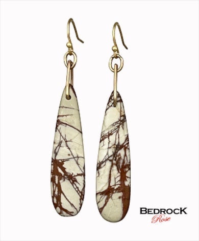 Bedrock Rose Picasso Jasper stone dangling earrings with gold-tone hooks and unique brown veining.