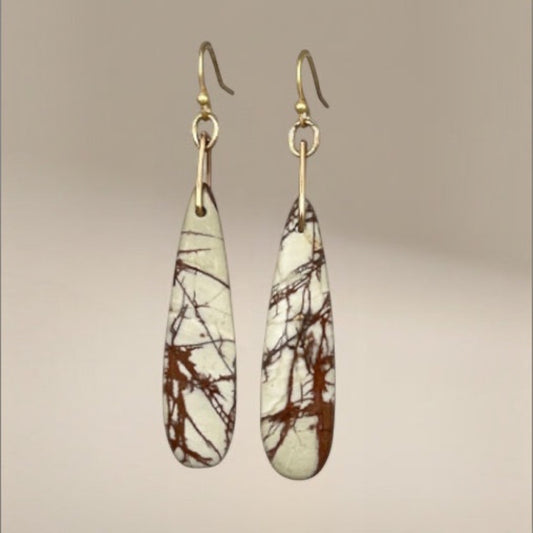 Bedrock Rose Picasso Jasper stone dangling earrings with gold-tone hooks and unique brown veining.
