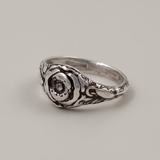 Bedrock Rose sterling silver ring with poppy flower design, size 7.5.
