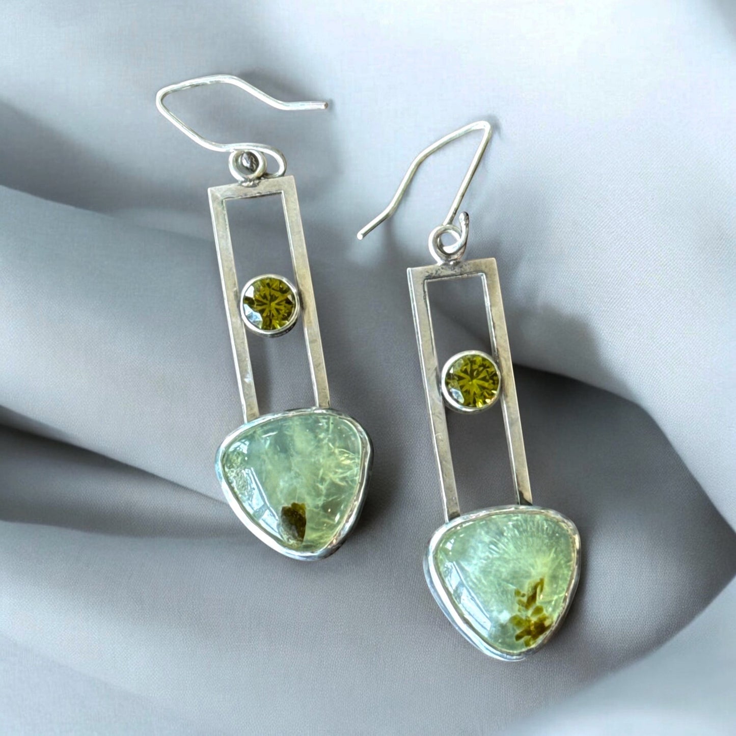 Bedrock Rose Prehnite & Peridot Trillion Dangling Earrings with shepherd hook ear wires.