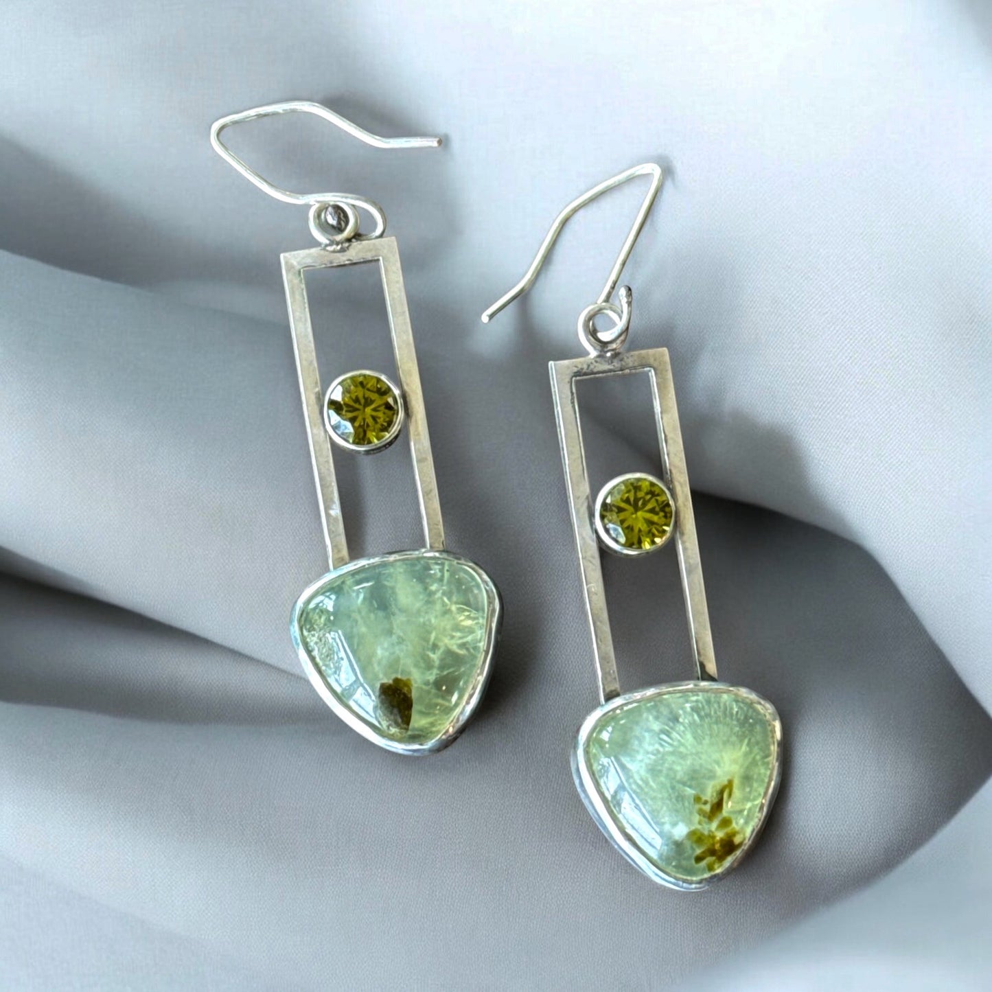 Bedrock Rose Prehnite & Peridot Trillion Dangling Earrings with shepherd hook ear wires.