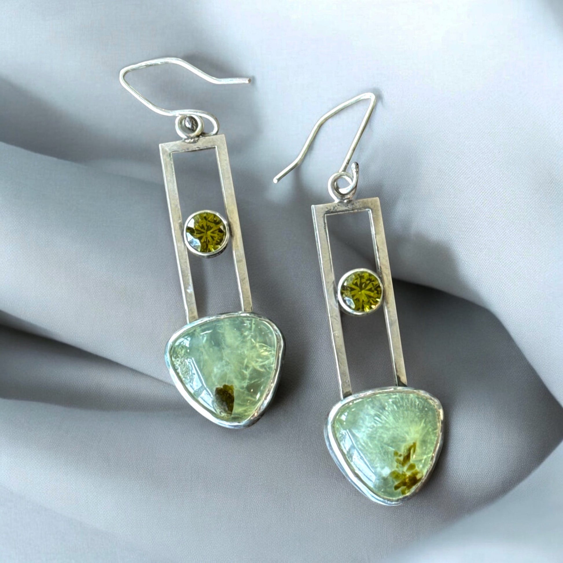 Bedrock Rose Prehnite & Peridot Trillion Dangling Earrings with shepherd hook ear wires.