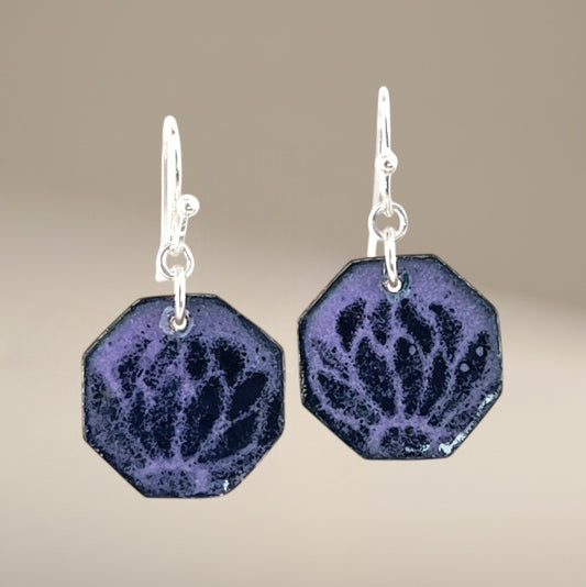 Bedrock Rose purple octagon dangling earrings with black petal design and silver hooks.