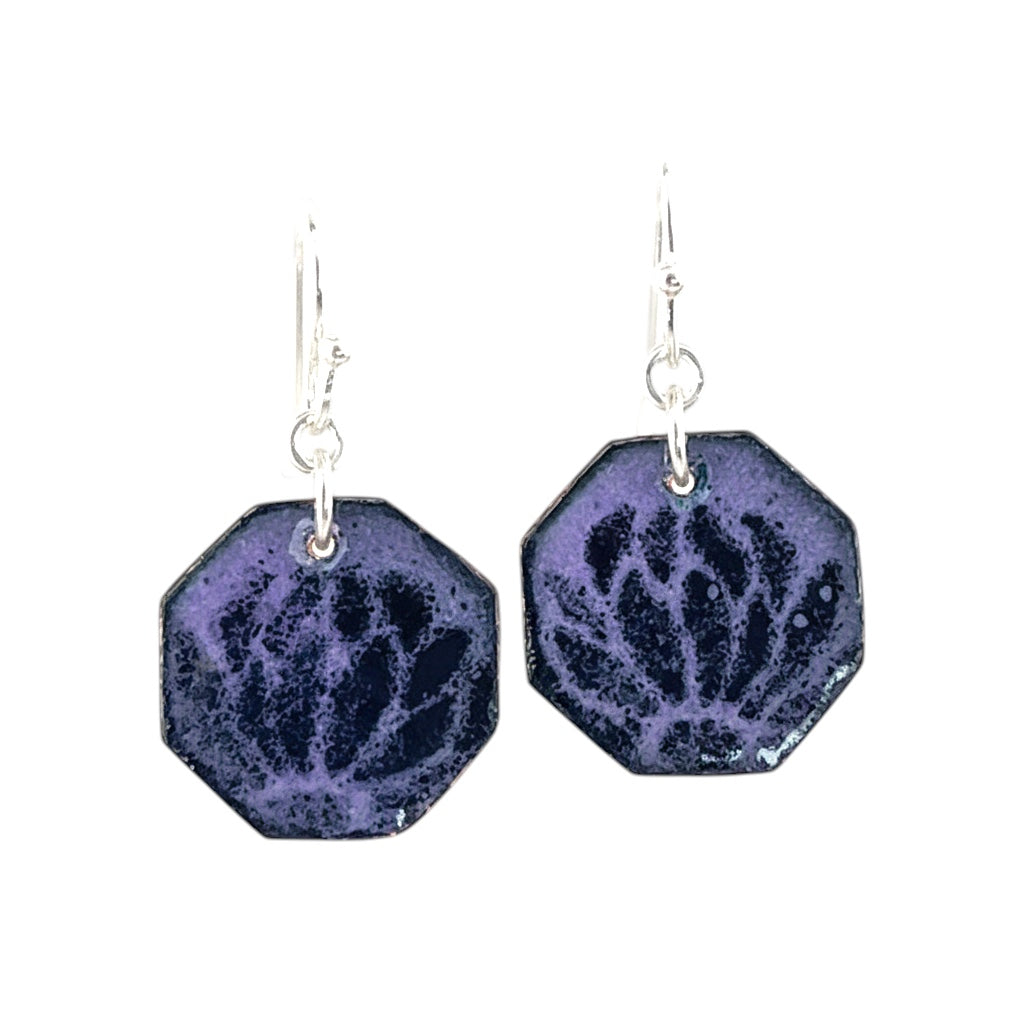 Bedrock Rose purple octagon dangling earrings with black petal design and silver hooks.
