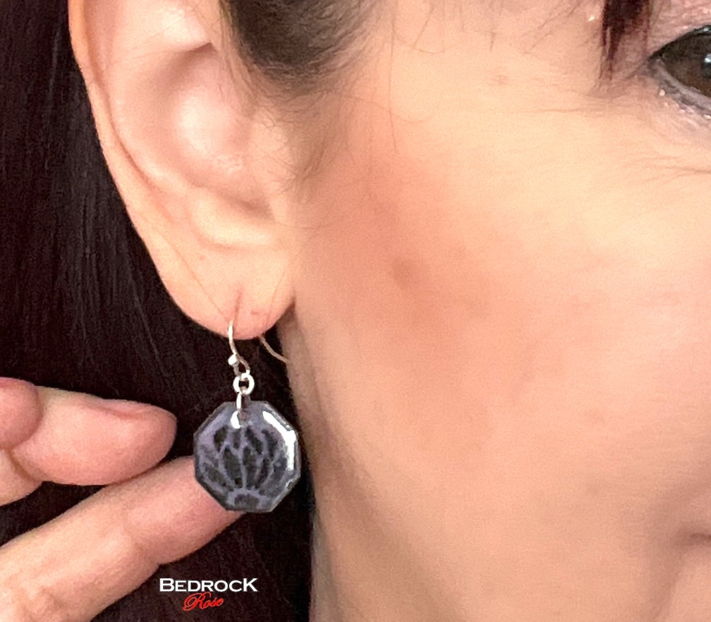 Black flower petals on purple background dangling hexagon earrings, Geometric Jewelry