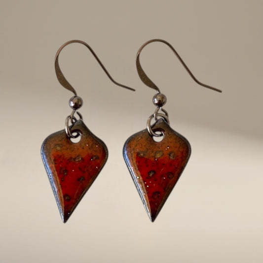 Bedrock Rose red arabesque copper enameled earrings with crackle finish.
