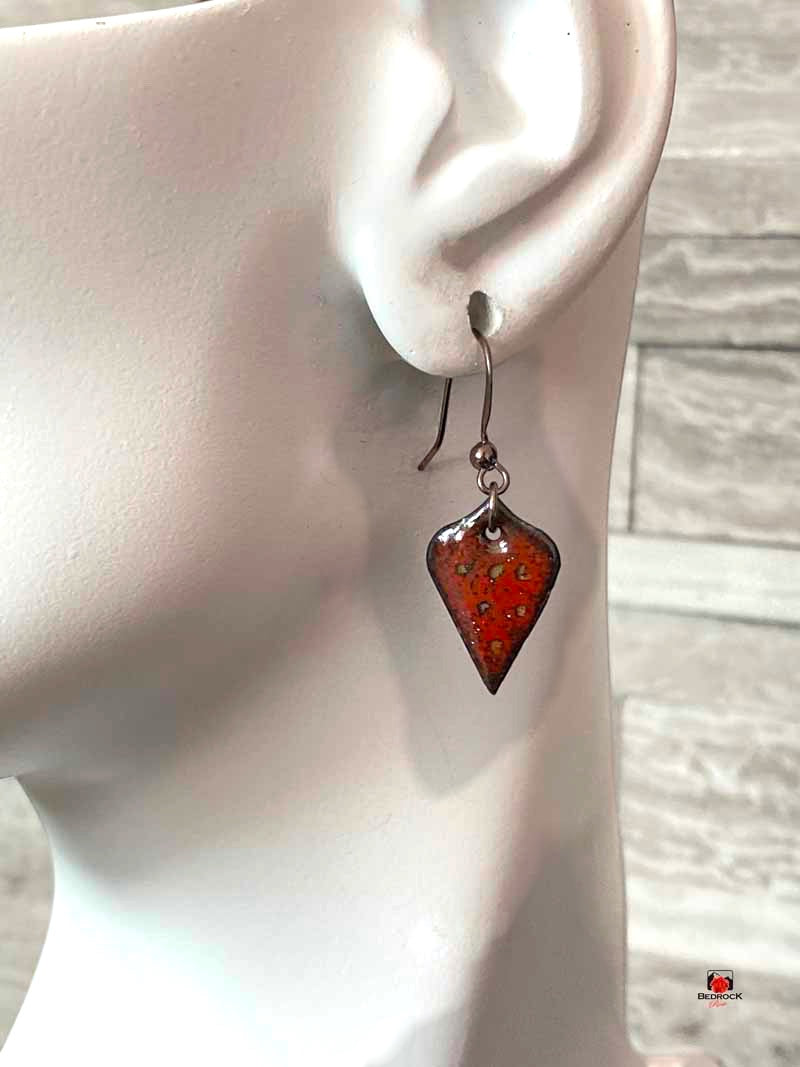 Crackle Red Arabesque Copper Enameled Earrings Bedrock Rose,Red Dangling earrings, Modern style jewelry